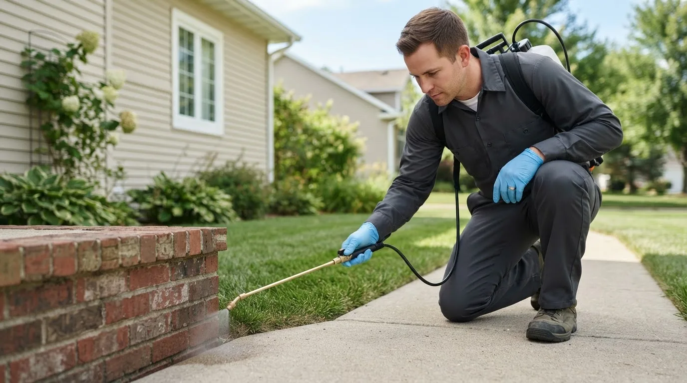 Pest control technician treating a home near Mason, TX